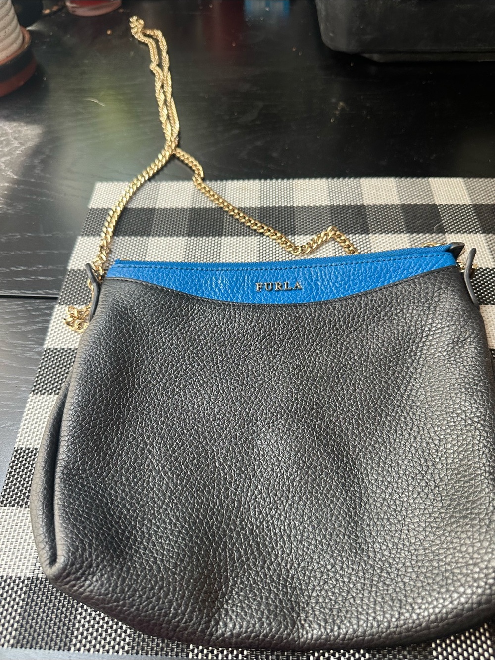 Furla Black Leather Crossbody with Bright Blue Trim & Gold Chain